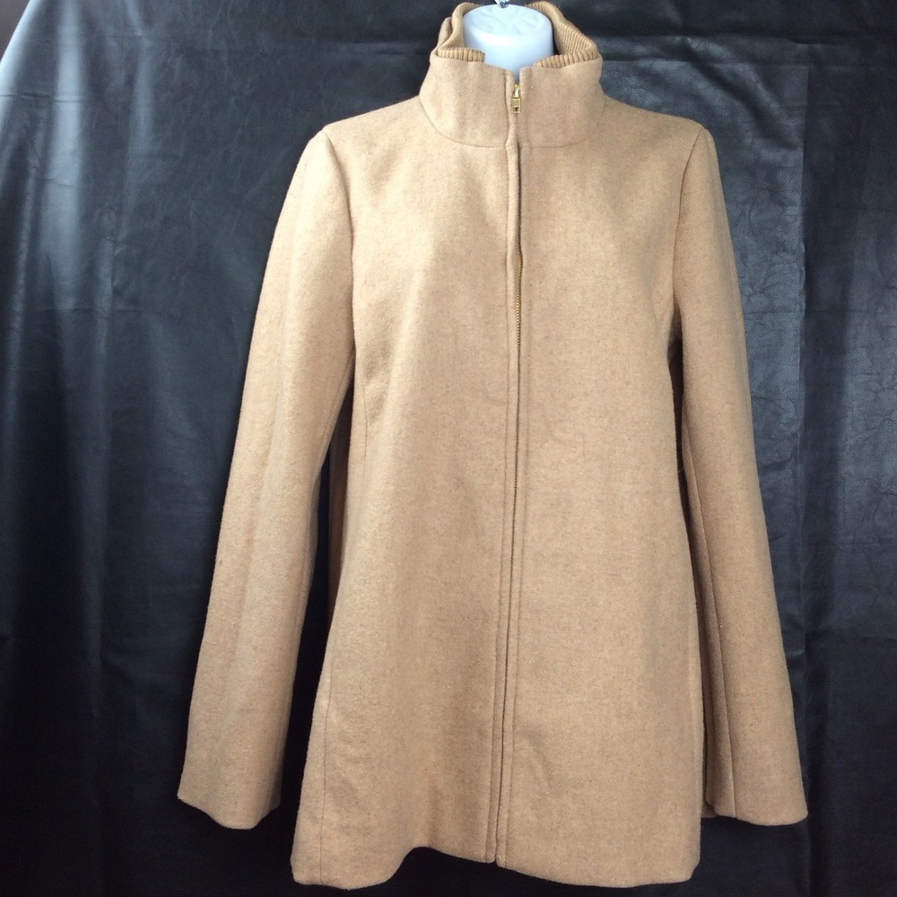 J.Crew Women Camel Wool Blend Coat Funnel Neck Zip Up Jacket Size 10 Tan